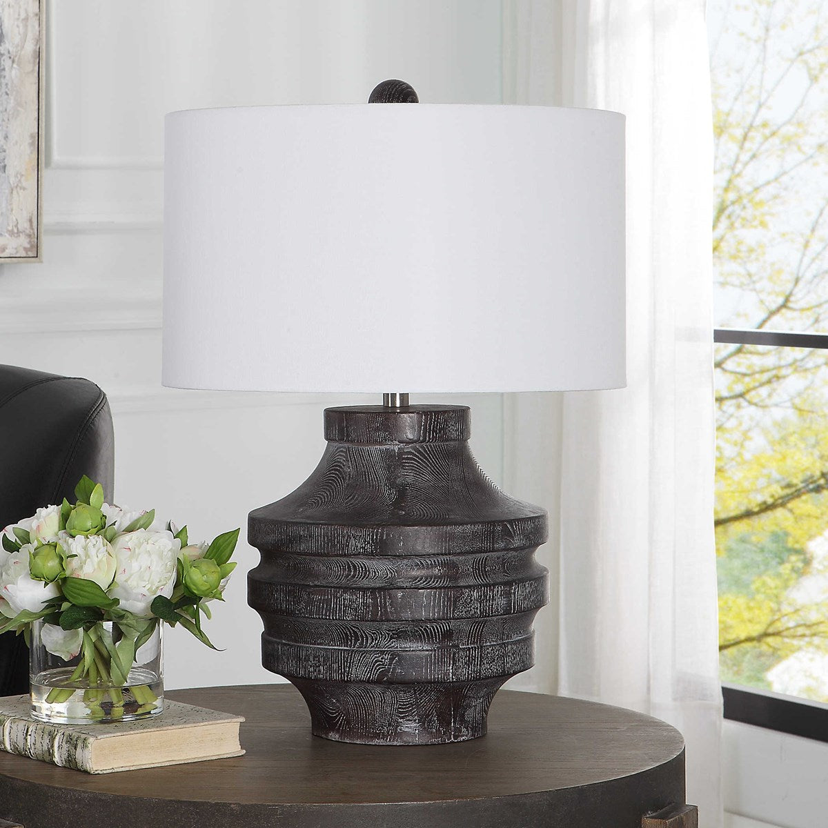 Uttermost Timber Carved Black Wood Table Lamp With White Shade - Image 3