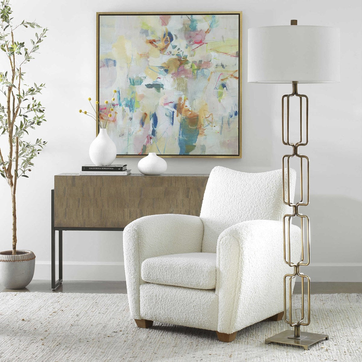 Uttermost Link Brushed Gold Iron Floor Lamp With White Linen Shade - Image 3