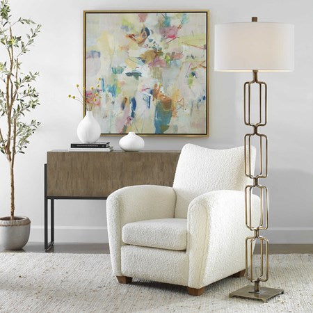 Uttermost Link Brushed Gold Iron Floor Lamp With White Linen Shade - Image 1