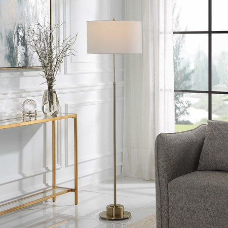 Uttermost Prominence Brushed Brass Floor Lamp With Linen Shade - Image 1