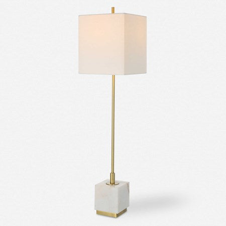 Uttermost Escort Brushed Brass and White Marble Buffet Lamp With Linen Shade - Image 2