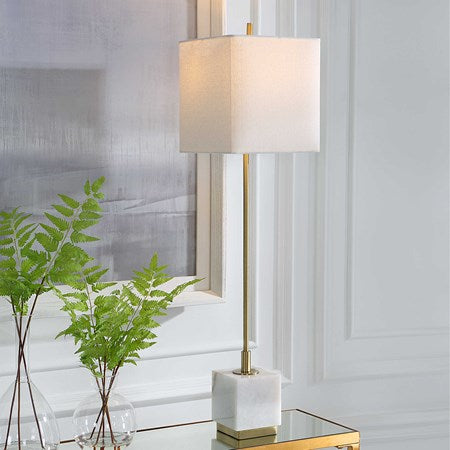Uttermost Escort Brushed Brass and White Marble Buffet Lamp With Linen Shade - Image 1