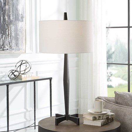 Uttermost Counteract Aged Black Iron Table Lamp With White Linen Shade - Image 1