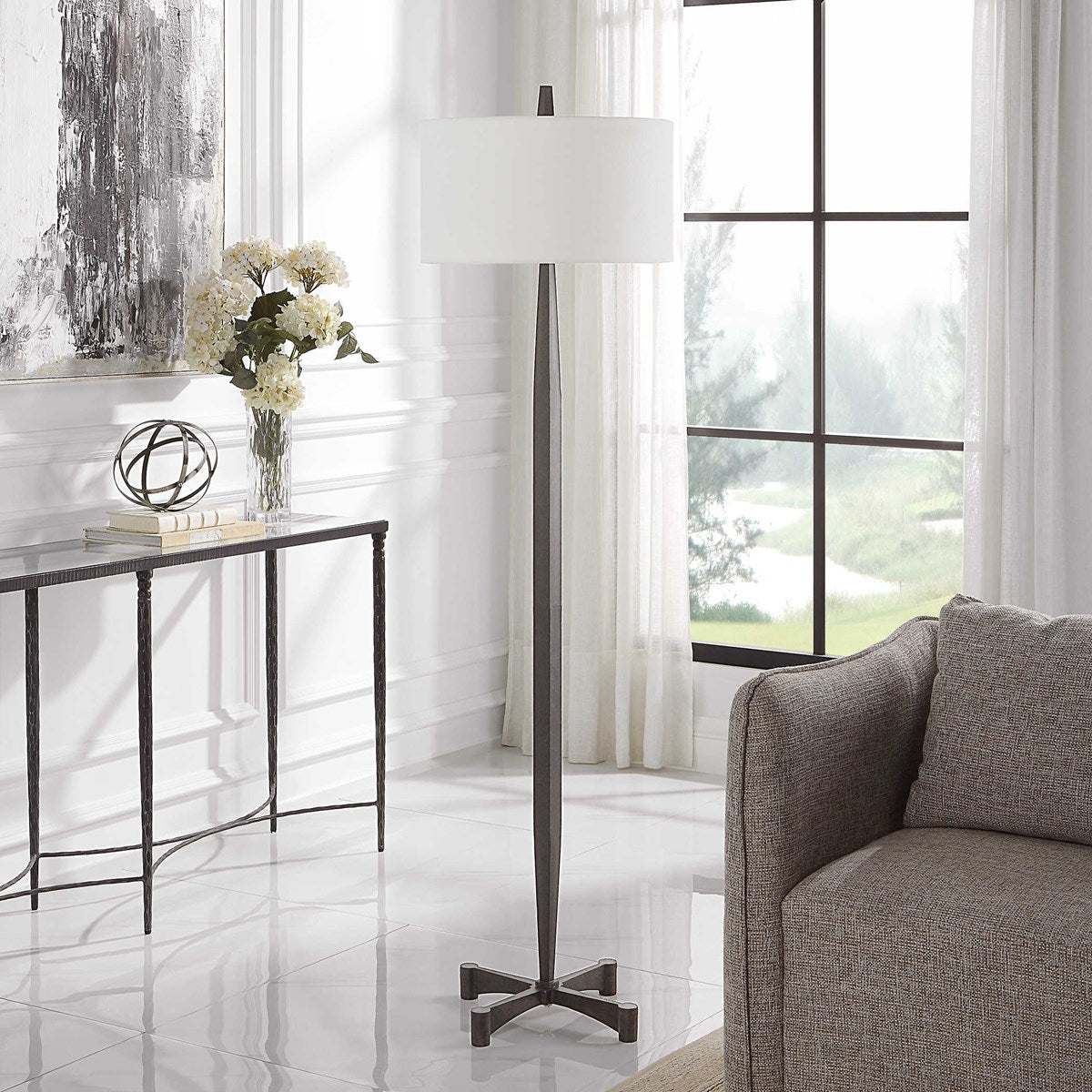 Uttermost Counteract Aged Black Iron Floor Lamp With White Linen Shade - Image 2