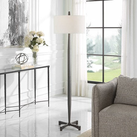 Uttermost Counteract Aged Black Iron Floor Lamp With White Linen Shade - Image 1