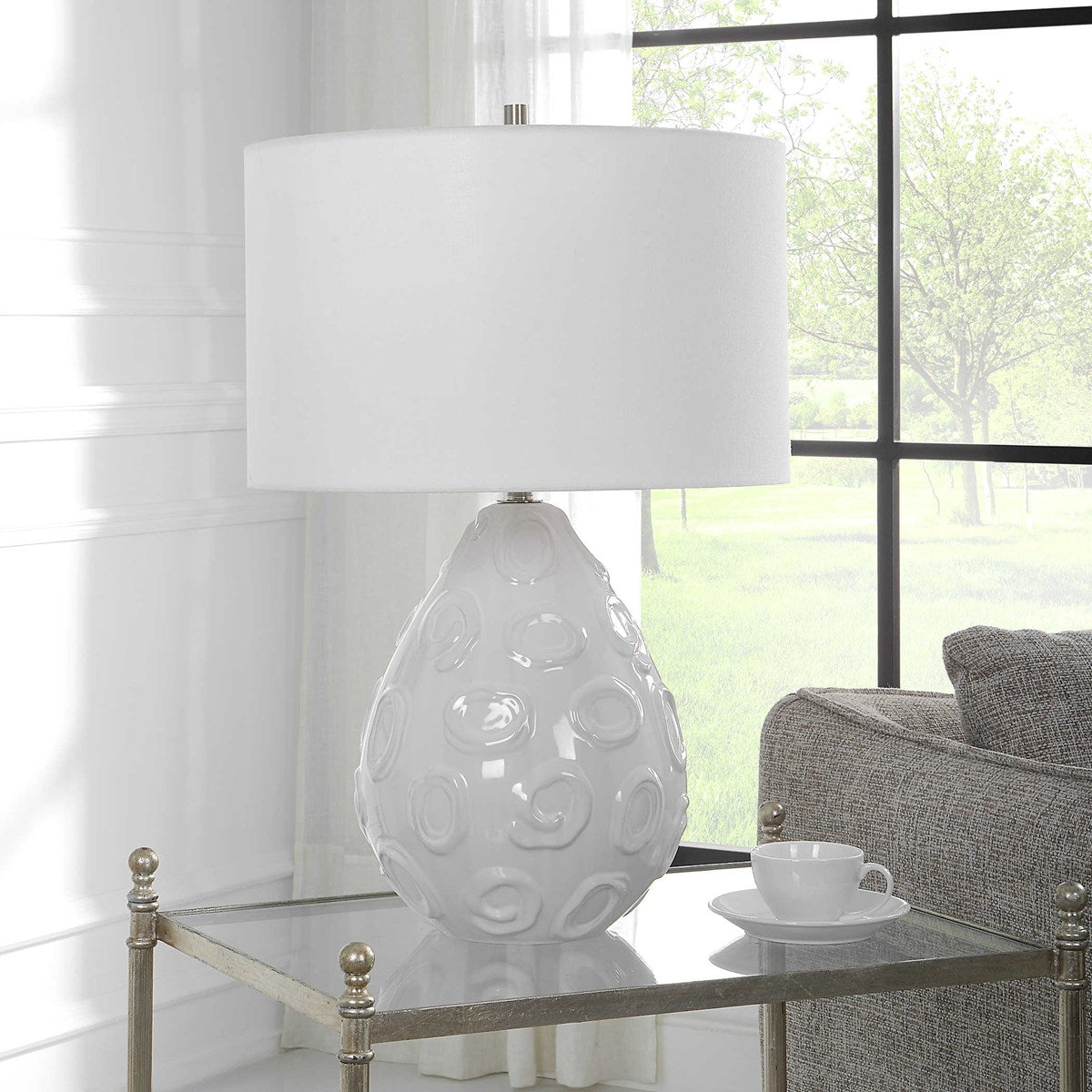 Uttermost Loop White Glazed Ceramic Table Lamp With Linen Shade - Image 1