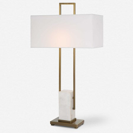 Uttermost Column Brass and Marble Table Lamp With White Linen Shade - Image 2