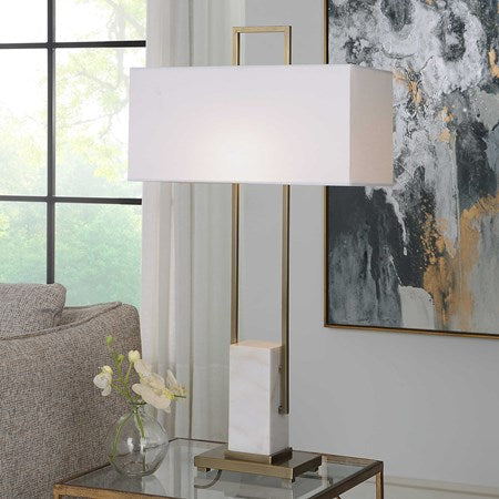 Uttermost Column Brass and Marble Table Lamp With White Linen Shade - Image 1