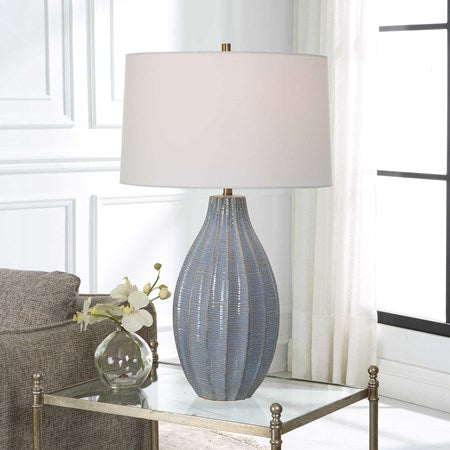 Uttermost Veston Cornflower Blue Table Lamp With White Linen Shade - Image 1