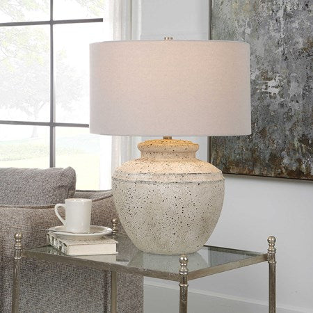 Uttermost Artifact  Aged Stone Ceramic Table Lamp With Light Gray Linen Drum Shade - Image 2