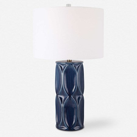 Uttermost Submerged Glossy Navy Blue Glaze Ceramic Table Lamp With White Shade - Image 2