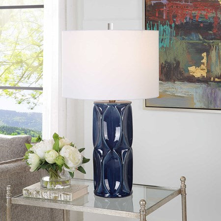 Uttermost Submerged Glossy Navy Blue Glaze Ceramic Table Lamp With White Shade - Image 1