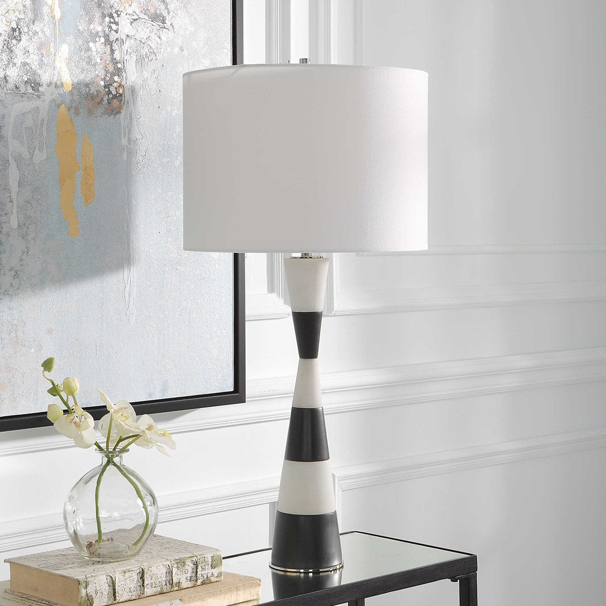 Uttermost Bandeau Banded Black and White Stone Table Lamp With Linen Drum Shade - Image 1