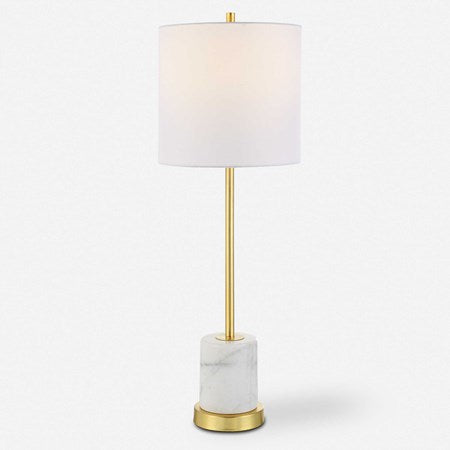Uttermost Turret Brushed Gold Buffet Lamp With White Linen Shade - Image 2