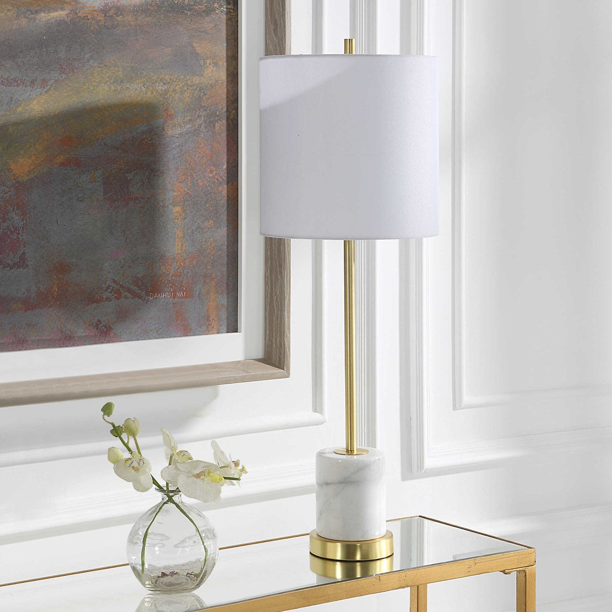Uttermost Turret Brushed Gold Buffet Lamp With White Linen Shade - Image 3