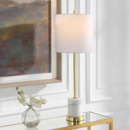 Uttermost Turret Brushed Gold Buffet Lamp With White Linen Shade - Image 1