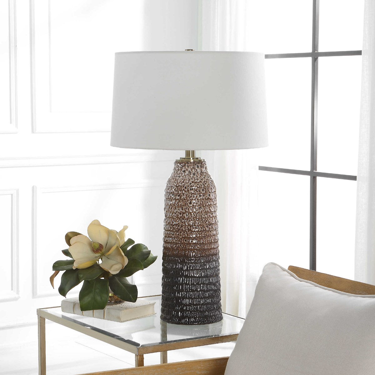 Uttermost Padma Aged Ivory and Chocolate Brown Ombré Ceramic Table Lamp With White Linen Shade - Image 1