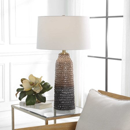Uttermost Padma Aged Ivory and Chocolate Brown Ombré Ceramic Table Lamp With White Linen Shade - Image 3