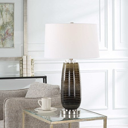 Uttermost Alamance Rustic Bronze Ombré Glass Table Lamp With White Linen Shade - Image 1