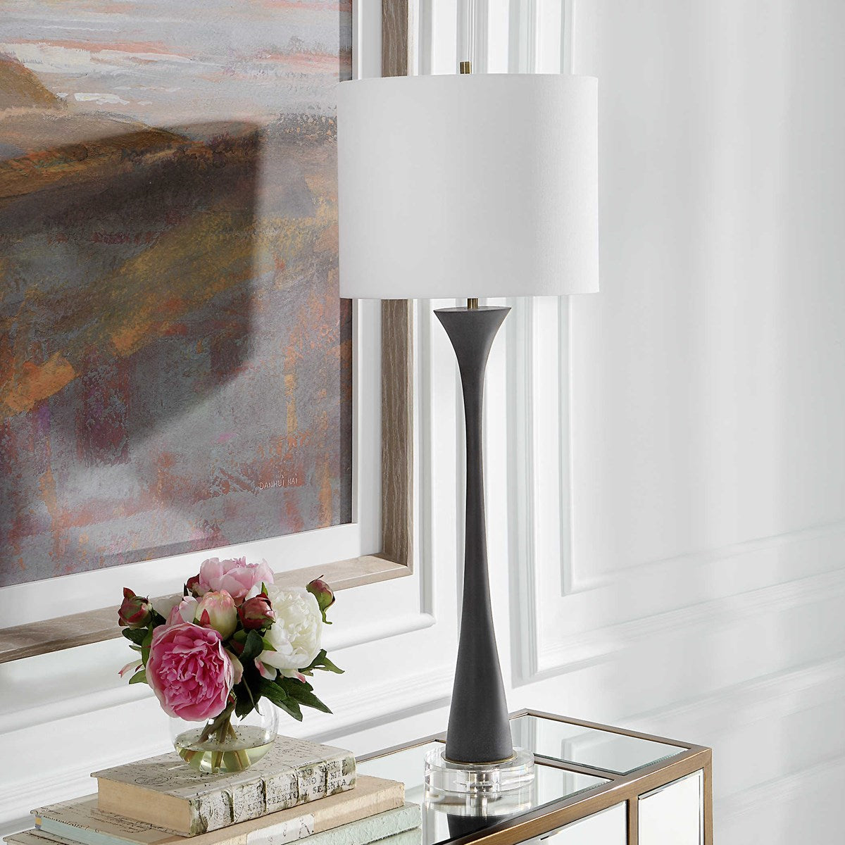 Uttermost Fountain Black Stone and Crystal Buffet Lamp With White Shade - Image 1