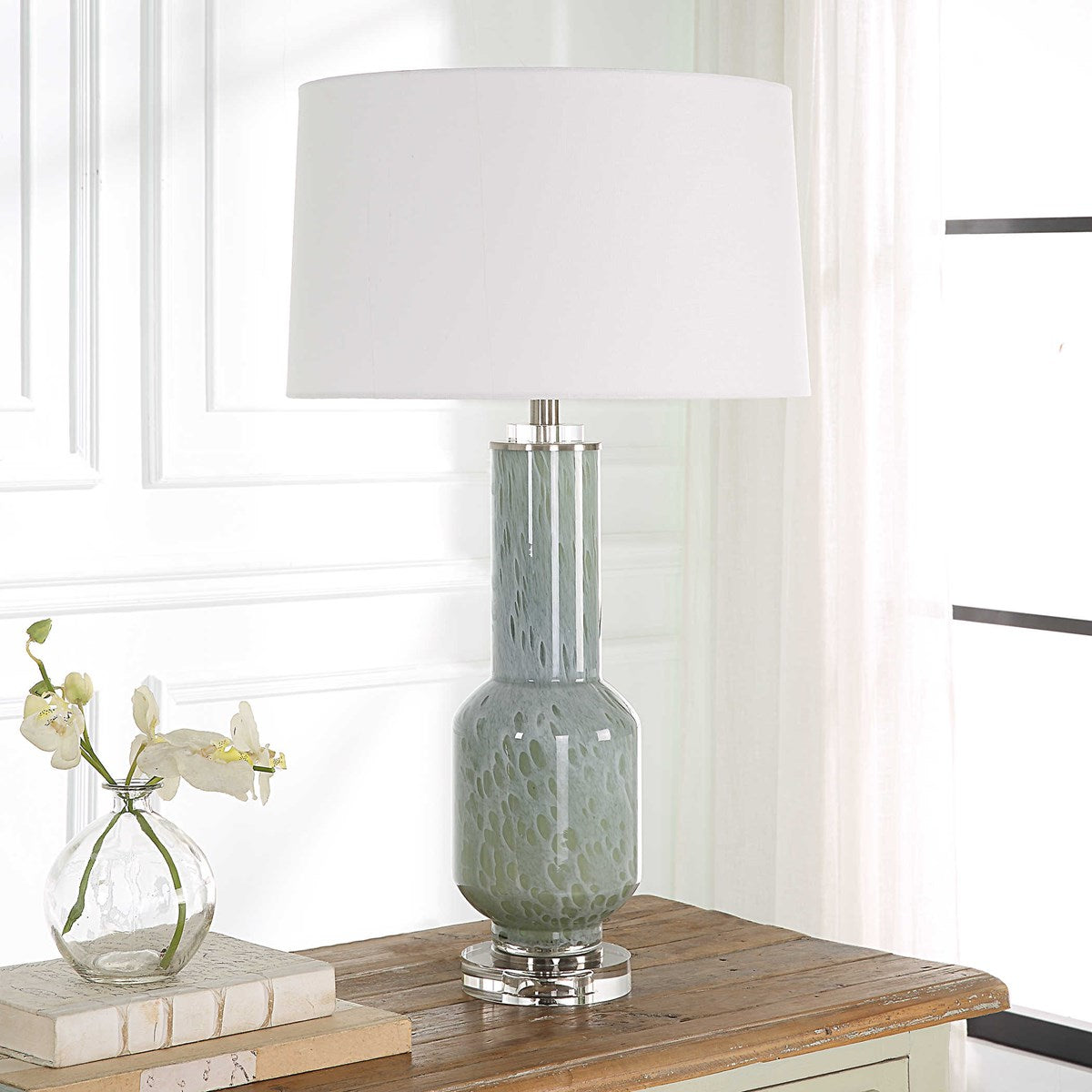 Uttermost Imperia Aqua Gray Bubble Glass Table Lamp With White Linen Shade - Image 3