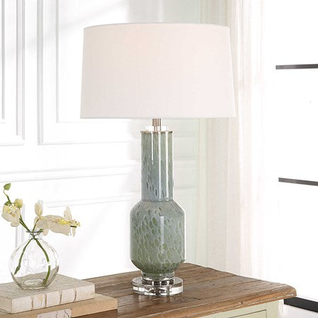 Uttermost Imperia Aqua Gray Bubble Glass Table Lamp With White Linen Shade - Image 1