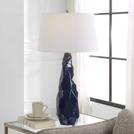 Uttermost Kavos Navy Blue Gloss Glazed Ceramic Table Lamp With White Linen Shade - Image 1