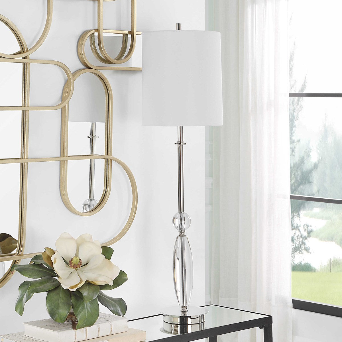 Uttermost Sceptre Crystal and Polished Nickel Buffet Lamp With White Linen Shade - Image 1