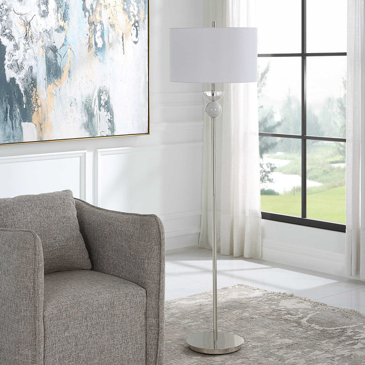 Uttermost Exposition Polished Nickel Iron and White Marble Floor Lamp With Linen Shade - Image 3