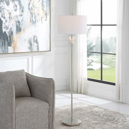Uttermost Exposition Polished Nickel Iron and White Marble Floor Lamp With Linen Shade - Image 1