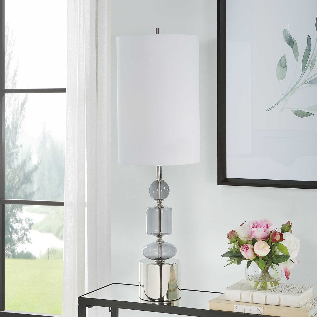 Uttermost Stratus Gray Glass and Polished Nickel Buffet Lamp With White Linen Shade - Image 3