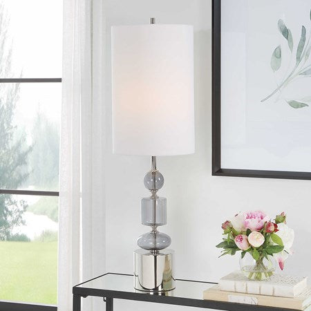 Uttermost Stratus Gray Glass and Polished Nickel Buffet Lamp With White Linen Shade - Image 1