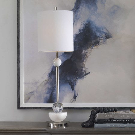 Uttermost Exposition Polished Nickel and White Marble Buffet Lamp With Linen Shade - Image 1