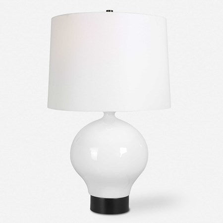 Uttermost Collar Gloss White Glazed Table Lamp With Linen Shade - Image 2