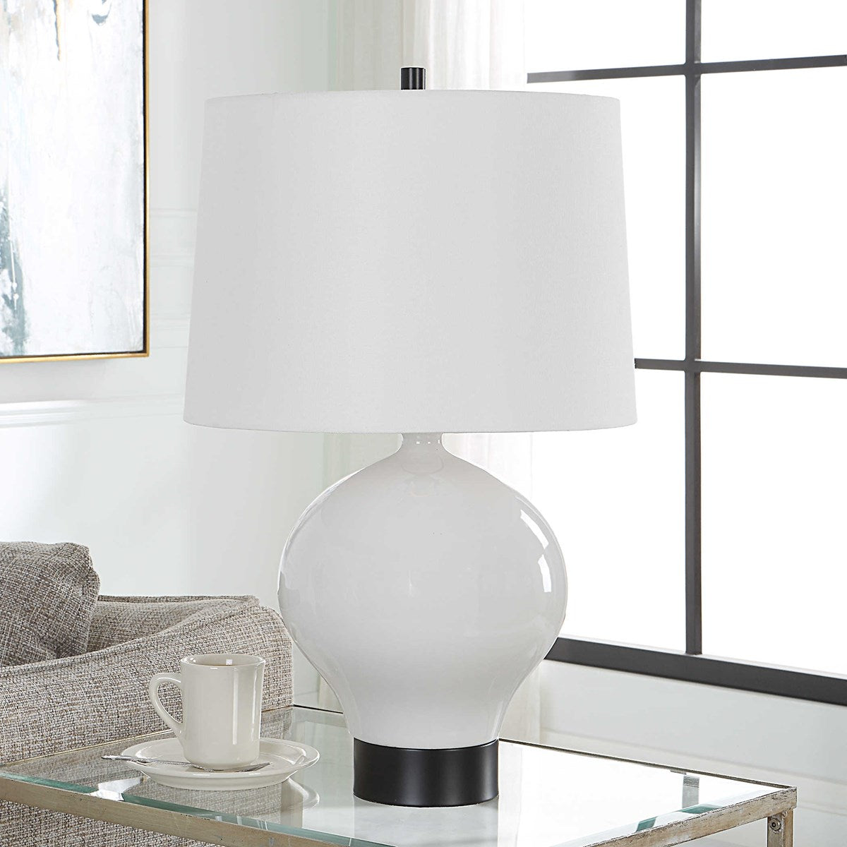 Uttermost Collar Gloss White Glazed Table Lamp With Linen Shade - Image 3