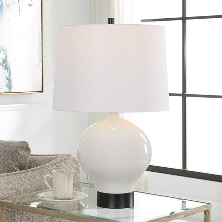 Uttermost Collar Gloss White Glazed Table Lamp With Linen Shade - Image 1