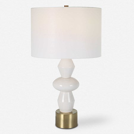 Uttermost Architect Ivory Gloss Glazed and Antique Brass Ceramic Table Lamp With White Linen Shade - Image 3