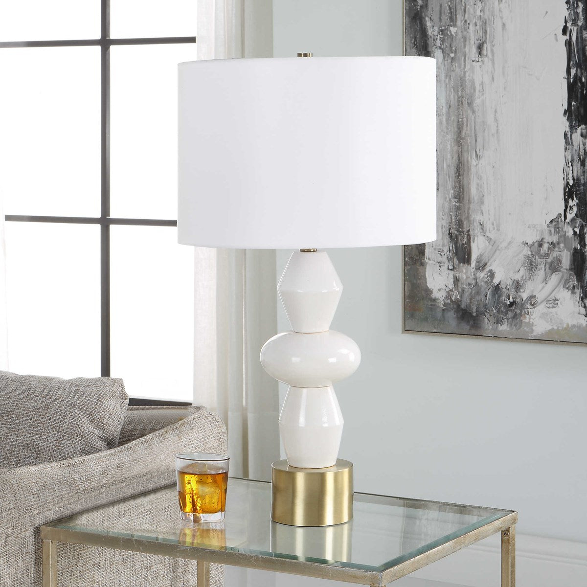Uttermost Architect Ivory Gloss Glazed and Antique Brass Ceramic Table Lamp With White Linen Shade - Image 1