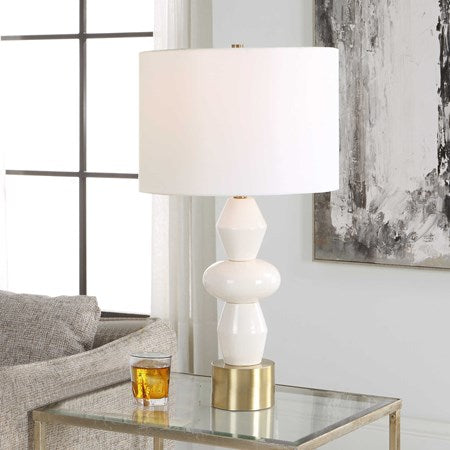 Uttermost Architect Ivory Gloss Glazed and Antique Brass Ceramic Table Lamp With White Linen Shade - Image 2