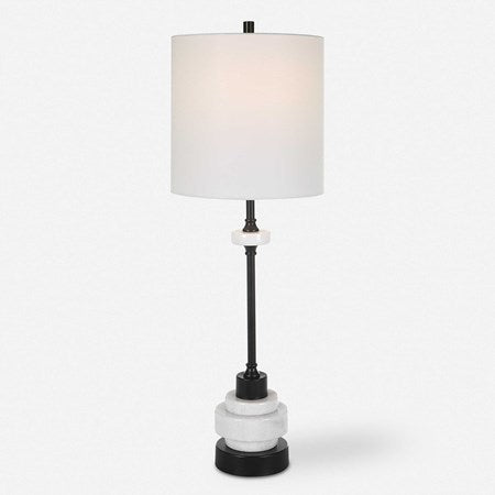 Uttermost Alliance White Marble and Black Iron Buffet Lamp With Linen Drum Shade - Image 2