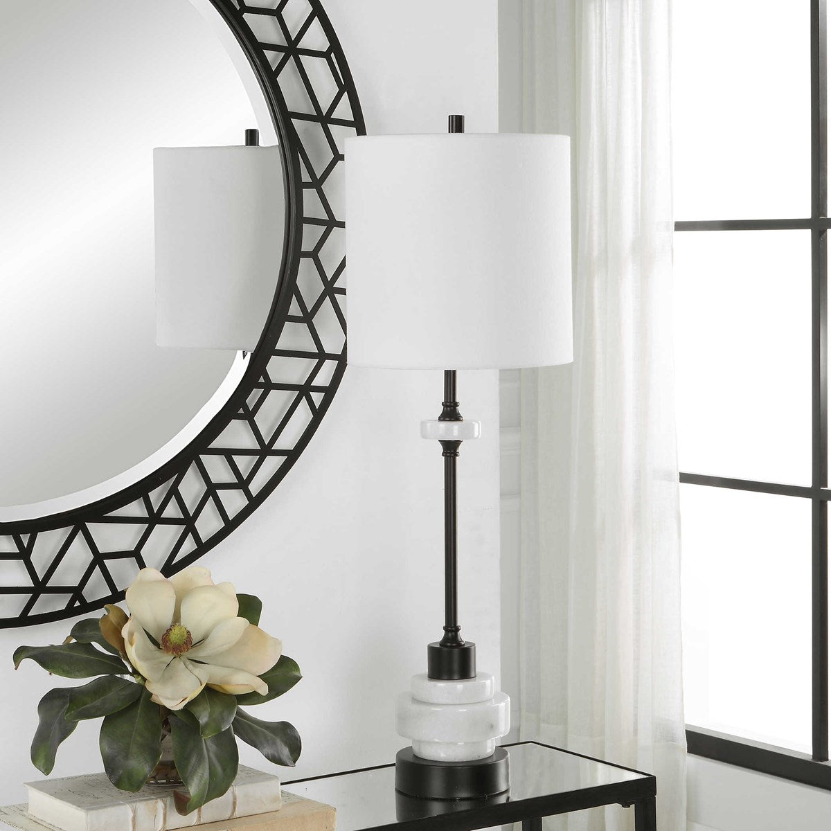 Uttermost Alliance White Marble and Black Iron Buffet Lamp With Linen Drum Shade - Image 3