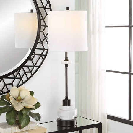Uttermost Alliance White Marble and Black Iron Buffet Lamp With Linen Drum Shade - Image 1