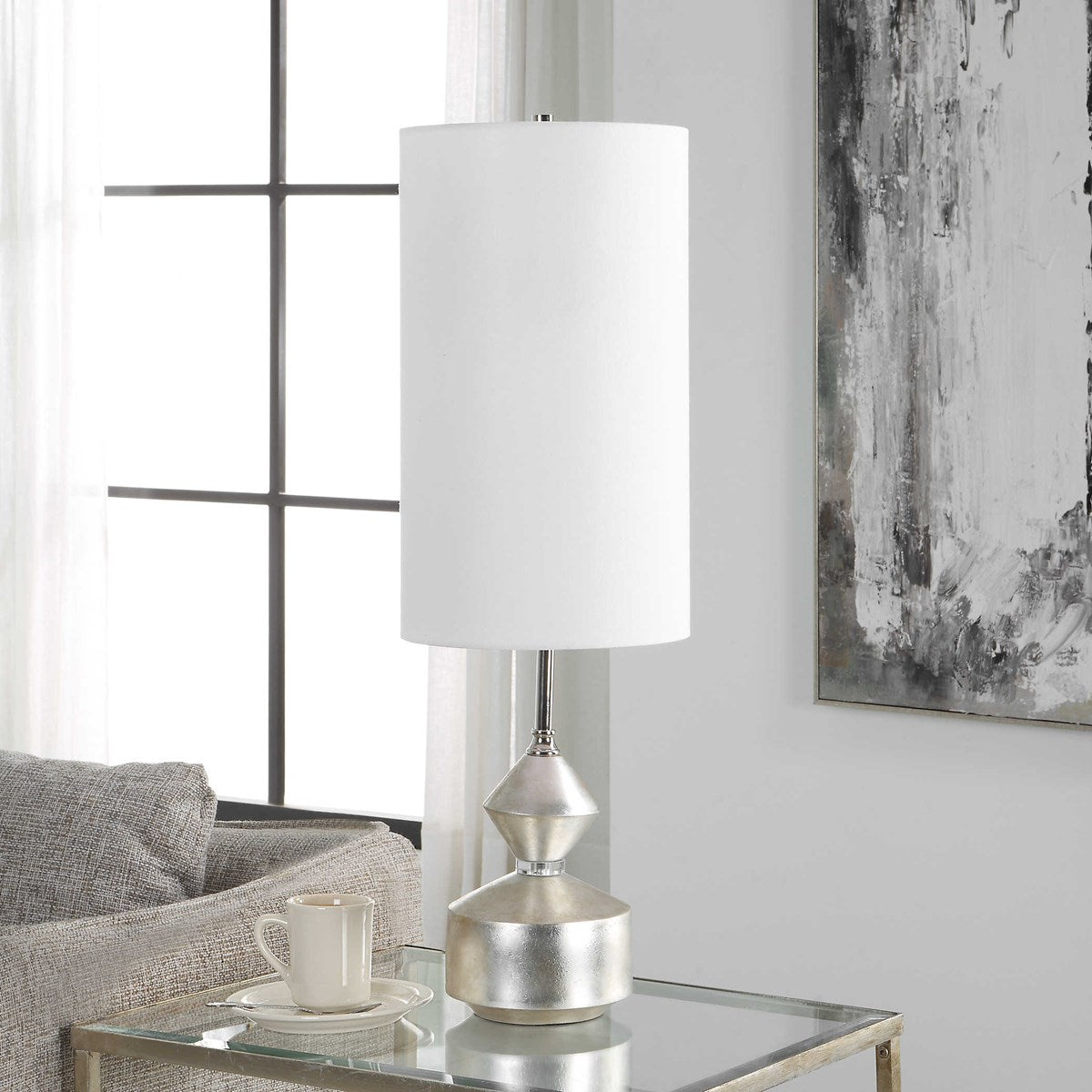 Uttermost Vial Silver Leaf and Polished Nickel Buffet Lamp With White Linen Shade - Image 1