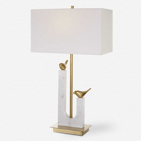 Uttermost Songbirds Brushed Brass and Marble Table Lamp With White Linen Shade - Image 2