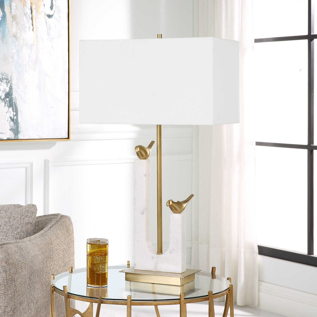 Uttermost Songbirds Brushed Brass and Marble Table Lamp With White Linen Shade - Image 1