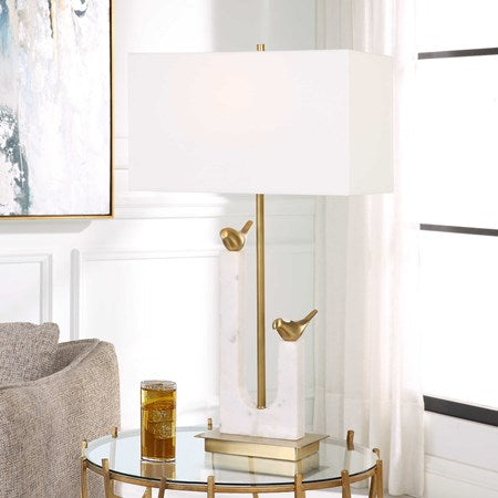 Uttermost Songbirds Brushed Brass and Marble Table Lamp With White Linen Shade - Image 3