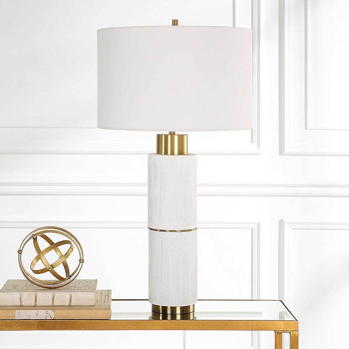 Uttermost Ruse White and Brushed Brass Table Lamp With Linen Shade - Image 1
