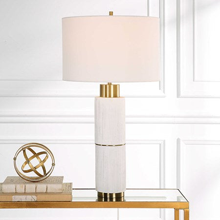 Uttermost Ruse White and Brushed Brass Table Lamp With Linen Shade - Image 3