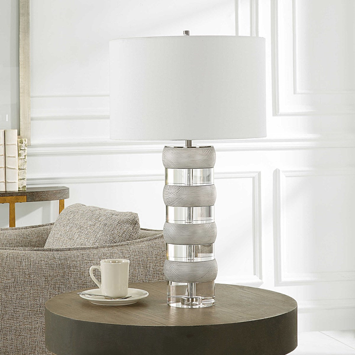 Uttermost Band Together Bleached Wood and Crystal Table Lamp With White Drum Shade - Image 1