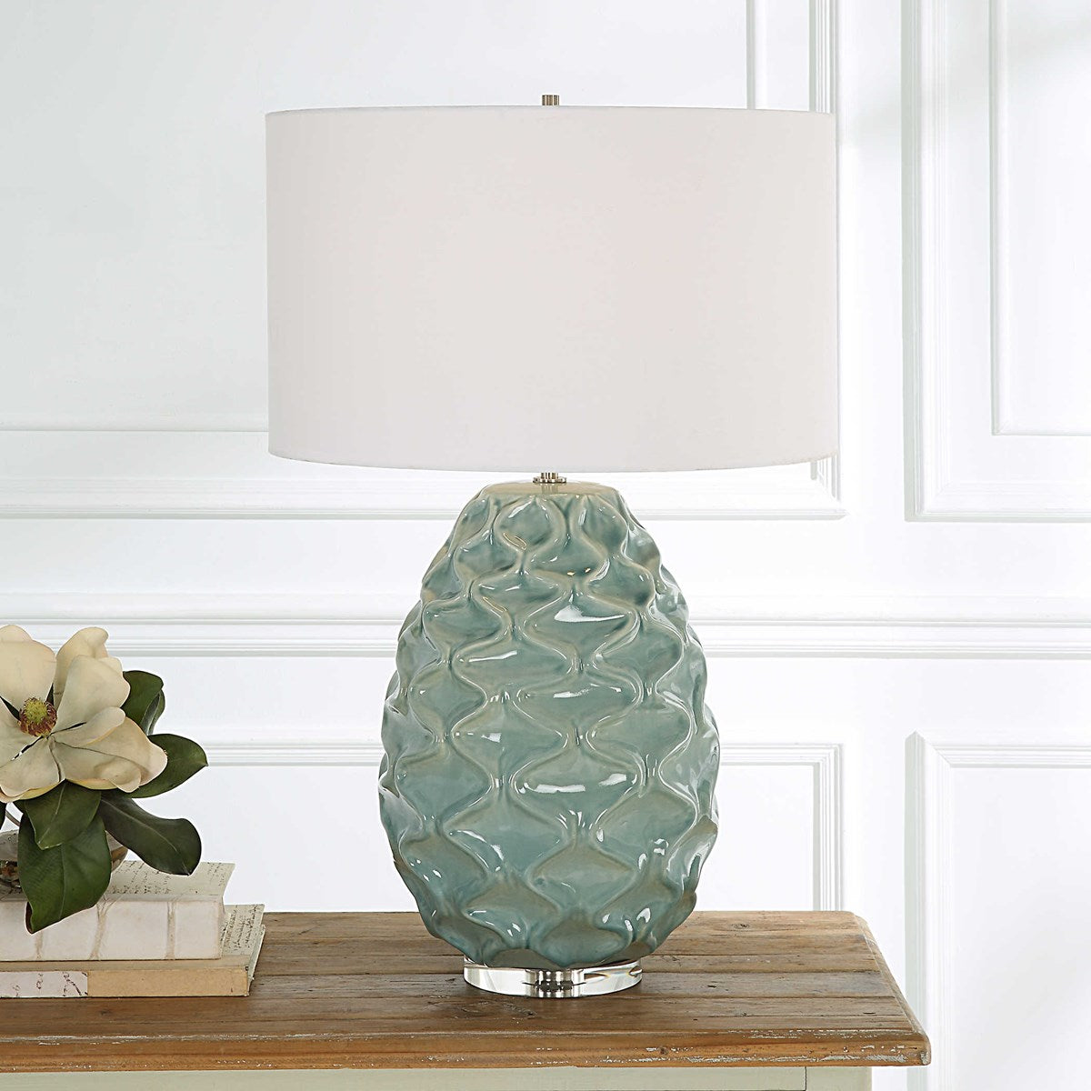 Uttermost Laced Up Foam Gloss Glazed Ceramic Table Lamp With White Linen Shade - Image 1